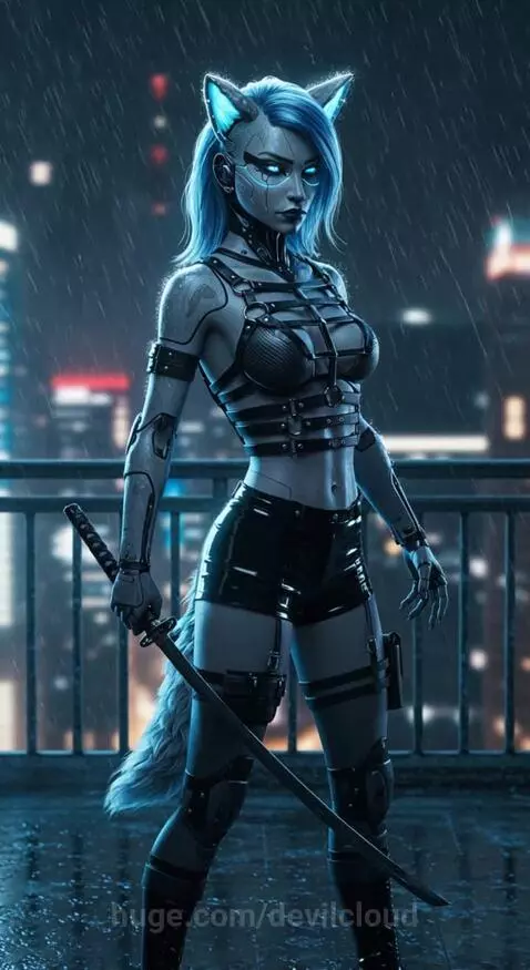 Cyberpunk Catgirl Ronin by devilcloud