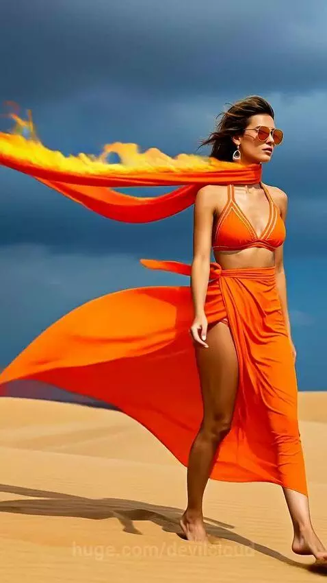 Burning Desert Fashion - Orange Swimsuit & Wrap by devilcloud
