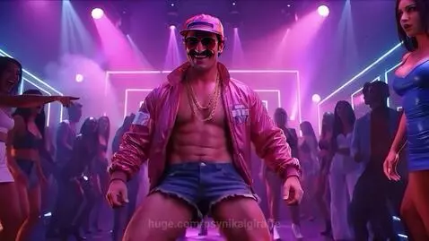Man in pink jacket and tight denim shorts dancing suggestively with a mustache and sunglasses.