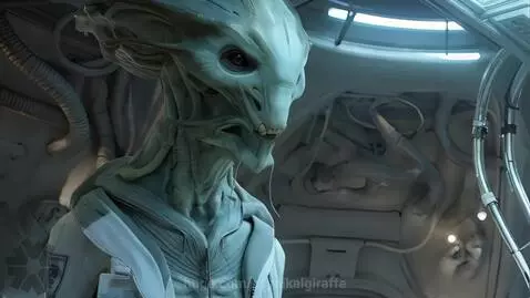 Alien doctor in a lab coat holding a glowing staff and a hammer over a scared man strapped to a chair.