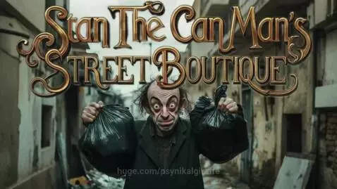 Cartoonish character 'Stan The Can Man' standing in an alley with a street boutique selling odd items.