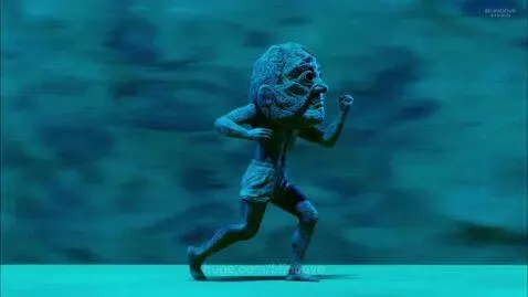 Nora Less singing into a vintage microphone with a stone-like figure in a surreal landscape background.