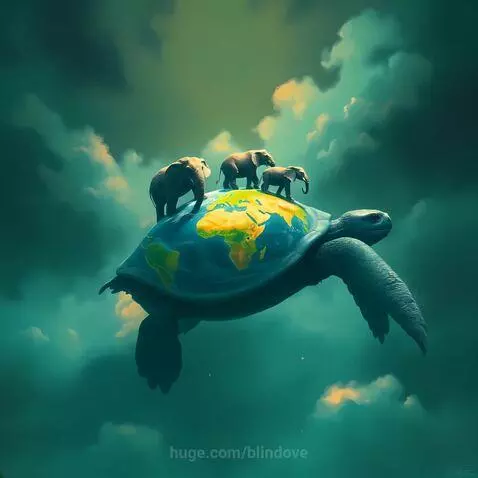 A flying turtle carries three elephants on its back. by blindove