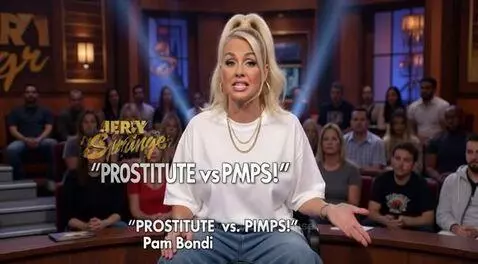 Pam Bondi on stage being slimed with green goo during a Jerry Springer episode about 'Prostitute vs Pimps'.