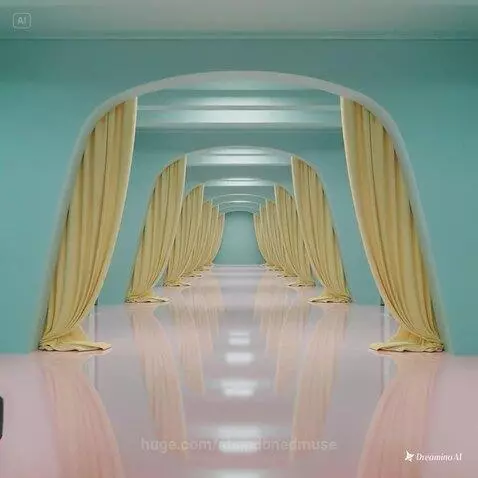 A stylized, dreamlike visual of interconnected rooms with mirrors creating an infinite reflection effect.