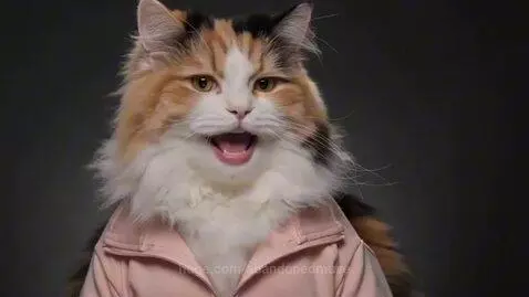 Several anthropomorphic cats wearing shirts, one looking guilty, in a modern living room setting.