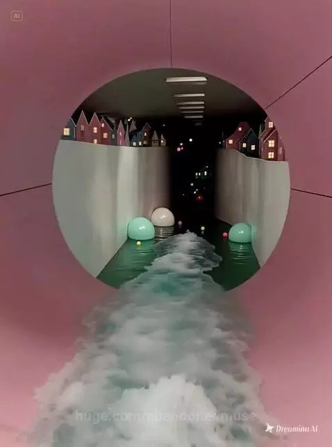 A child slides down a pink slide into a pool in a surreal, colorful dreamscape with grass and pink and teal walls.