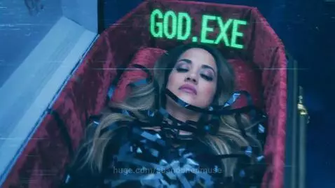 Woman's silhouette emerging from a pulsating cube, entering a vortex, and navigating surreal, distorted environments.