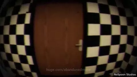 Distorted checkered hallway leading to a colorful vortex, with glowing text and surreal imagery.