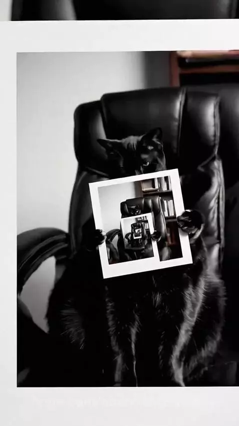 Black cat with green eyes sitting in a black leather office chair, holding a framed picture of itself in a similar chair.