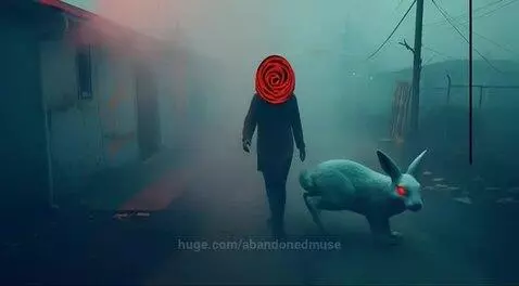 Foggy street with dilapidated buildings, a figure with a target face, and a white rabbit with glowing red eyes.