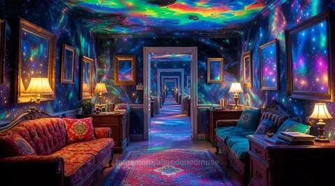 Living room with a galaxy theme, featuring starry walls, nebulae, red and teal sofas, and a cosmic hallway.