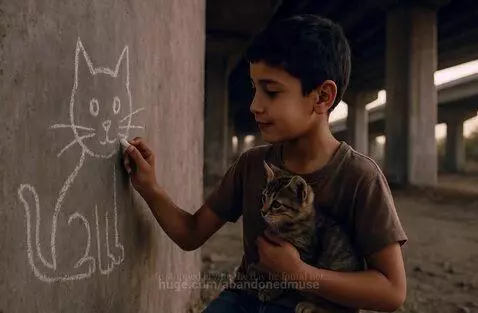 A young boy gently petting a small kitten amidst rubble in a war-torn landscape.