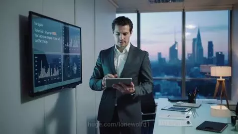 Man in suit analyzing data on tablet and large screen in modern office with city view.