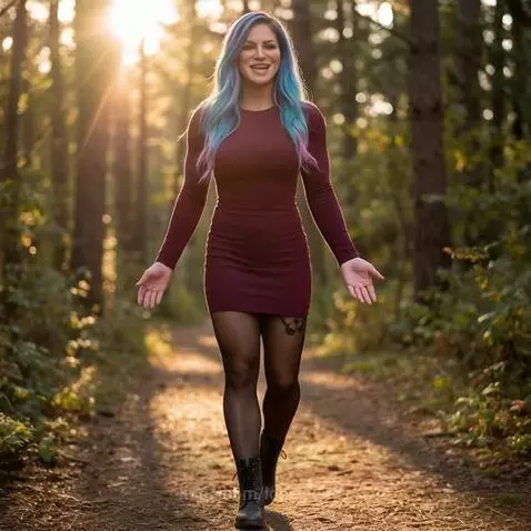 Woman with long, multi-colored hair and a maroon mini-dress walks on a sunlit forest path.