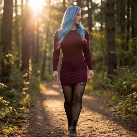 Woman with blue and purple hair in a burgundy dress walks on a forest path with sun shining through trees.