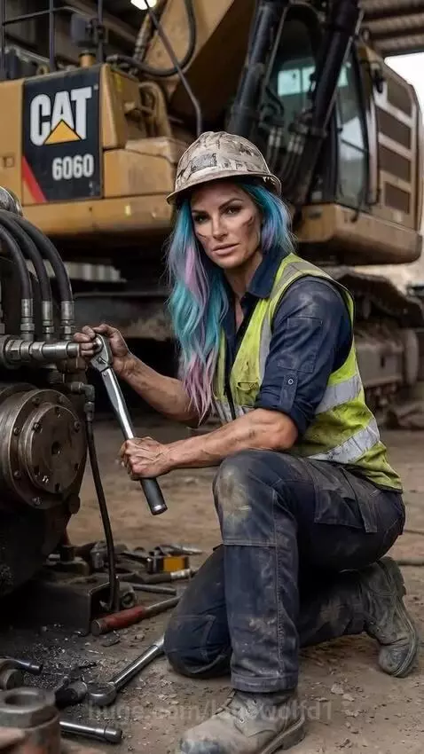 Woman with multi-colored hair, hard hat, and safety vest holding a wrench next to heavy machinery, sternly telling someone to stop filming.