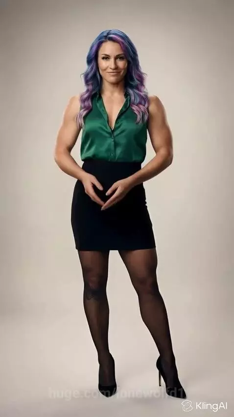 Woman with multi-colored hair in a green blouse and black skirt, speaking passionately about migration and veteran support.