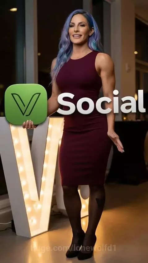 Woman with blue and purple hair next to a large illuminated 'V', holding a V.social logo.