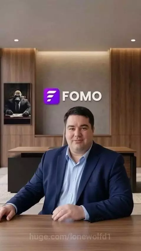 Man in blue suit announcing V.Social app launch, with FOMO logo and gorilla picture.