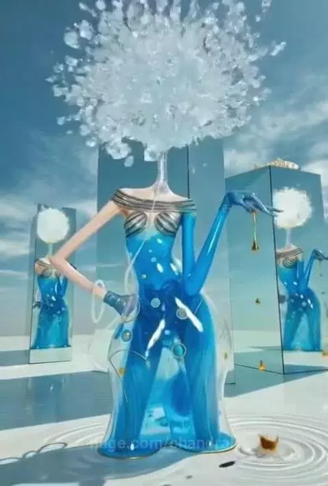 Animated blue figure transforming into a stylized perfume bottle with intricate details.