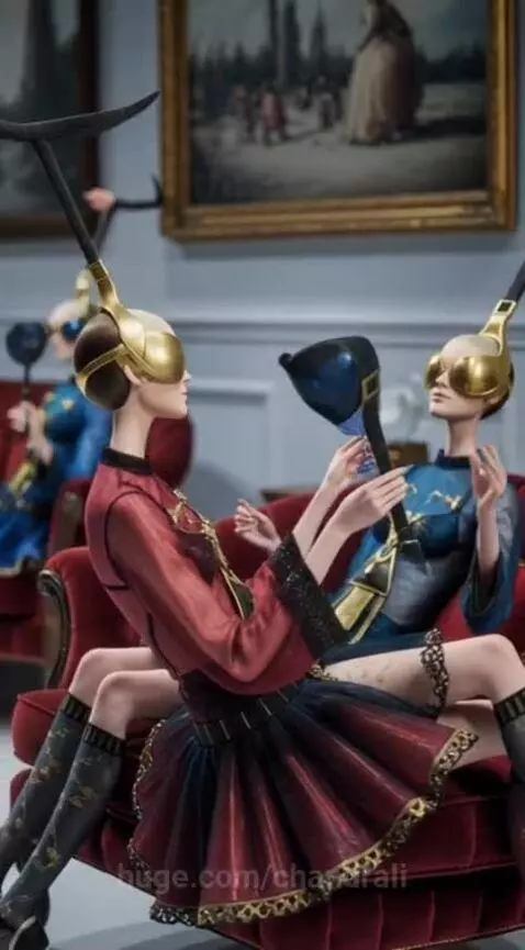 Models in avant-garde fashion with golden masks and unique headpieces pose on red velvet couches.
