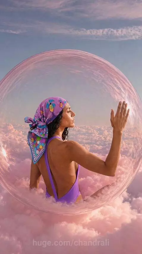Woman in a transparent bubble floating above pink clouds, wearing a purple swimsuit and patterned headscarf.