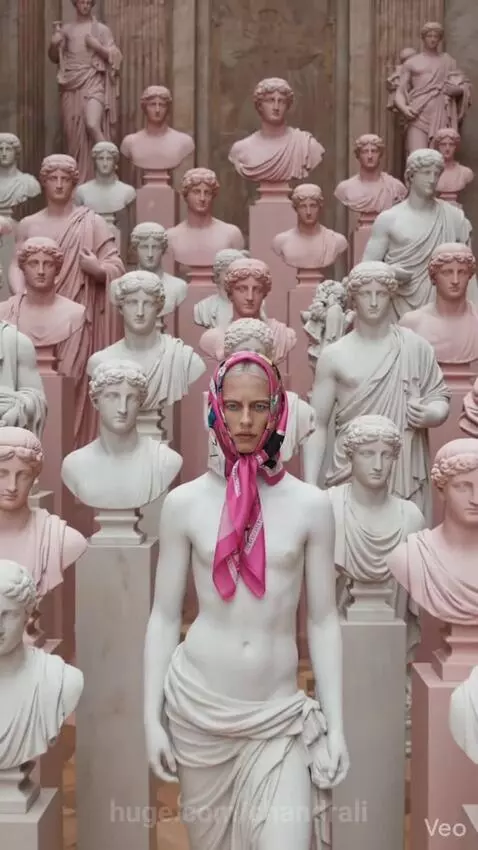 Woman with white eyelashes and blue eyes wearing a pink and multi-colored headscarf, surrounded by classical busts and pink peonies.