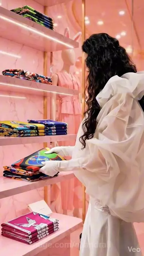 Woman in a sheer white outfit posing and walking in a vibrant pink store with neon signs.