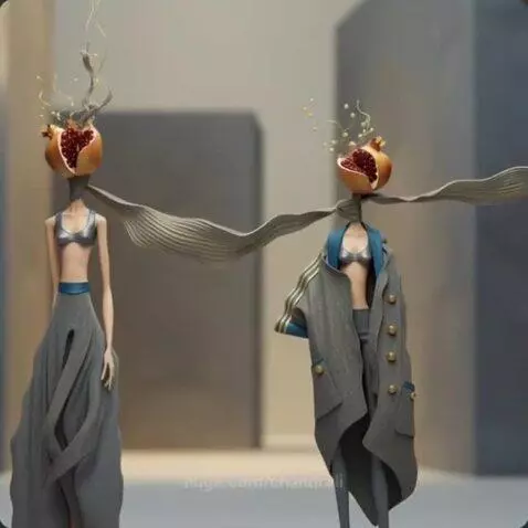 Stylized figures with pomegranates for heads, wearing avant-garde fashion, connected by a scarf.
