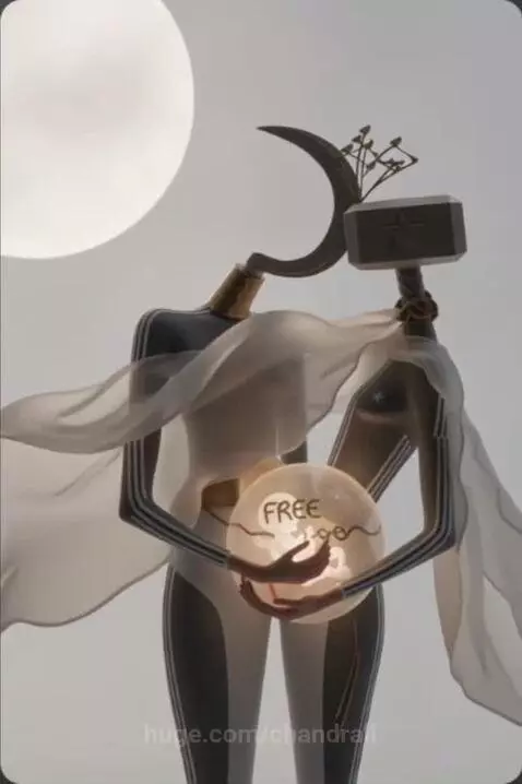 Two stylized figures with abstract heads hold a glowing sphere revealing a fetus, against a bright background with a white circle.