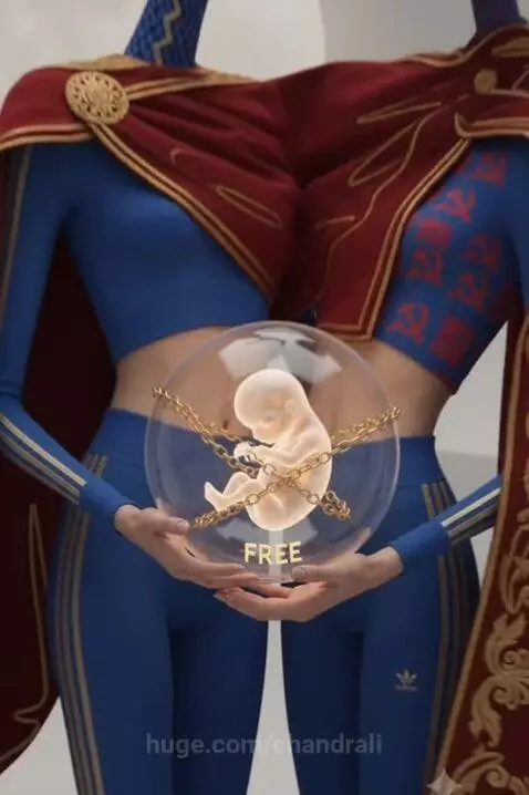 Two stylized female figures with symbolic heads (moon, hammer & sickle) holding a fetus in a sphere, against a moonlit background.