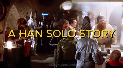 Han Solo in a Mos Eisley Cantina booth, with overlaid text 'A HAN SOLO STORY'.