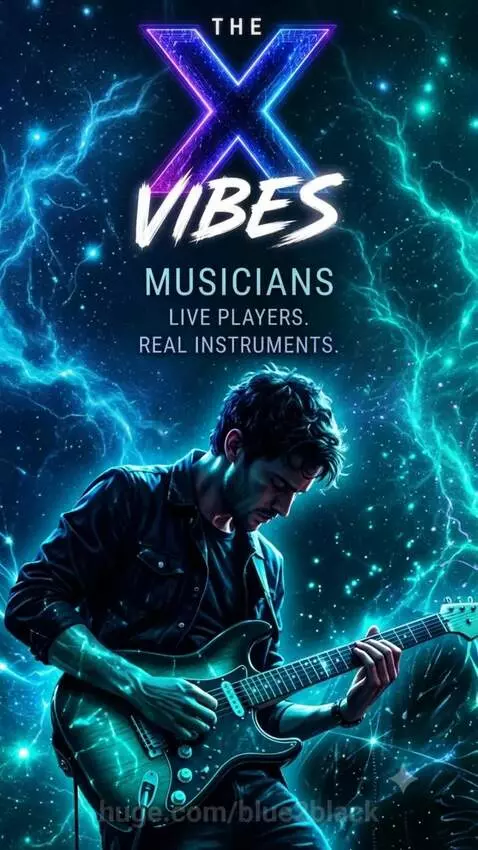 Animated neon graphics with text 'The X Vibes' against a cosmic background, showcasing music creators.