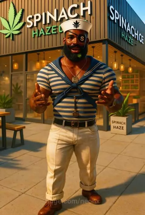 Muscular man in Popeye-like sailor outfit with eyepatch and beard, standing before a building with 'SPINACH HAZE' signage.