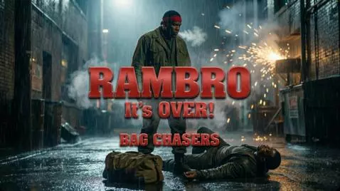 Man in red headband and military jacket, Rambro, fighting in the rain with protestors.