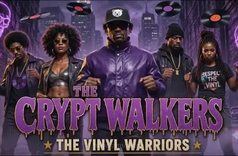 The Crypt Walkers group in stylish purple and black outfits dancing with neon lights and purple smoke effects.