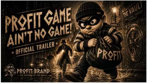 Title card 'PROFIT' and 'THE PROFIT GAME' with a vault door, transitioning to a hand stamping 'PROFIT' on a document.