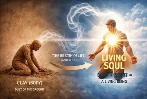 Animation showing God's breath of life transforming a clay figure into a living soul.