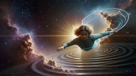 Woman with blonde hair floating peacefully through a vibrant, star-filled cosmic landscape with nebulae.