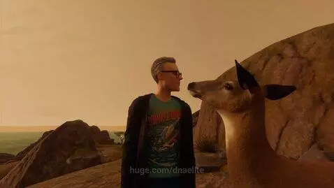 Man with glasses and jacket in rocky landscape gently touching a deer that is nuzzling his hand.