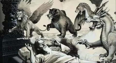 Monochromatic animation of Daniel's dream, showing four fierce beasts emerging from clouds above a sleeping man.