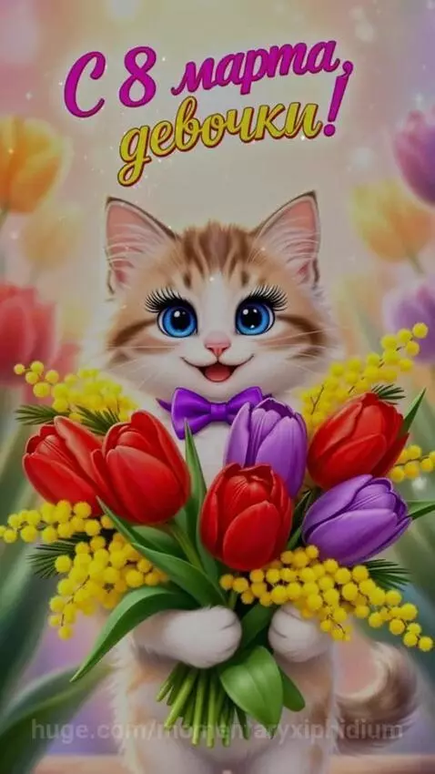Animated fluffy kitten with blue eyes and purple bow tie holding red and purple tulips and yellow mimosa flowers.