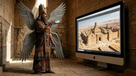 Four-winged Sumerian god Enlil holding an egg-shaped object and bucket, looking at an iMac screen displaying a rotating 3D Mesopotamian city.