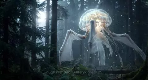 A surreal, glowing, jellyfish-like alien creature with translucent tentacles and fabric-wrapped legs in a dark, misty forest.