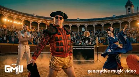 Matador in golden shorts dancing flamenco in a Japanese street with geishas and onlookers.
