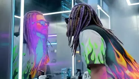 Man with dreadlocks and sunglasses in a neon barbershop, singing. Masked figure plays bass.