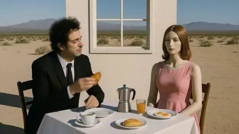 Man in a suit with a goldfish bowl in a desert landscape, with a mannequin.