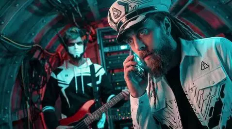 Musicians in futuristic masks and tactical gear fighting robots in a post-apocalyptic setting.