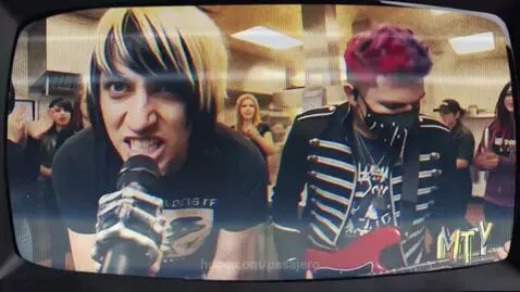 Band members with distinct emo/punk styles performing in various urban and concert settings, with retro MTV visual effects.